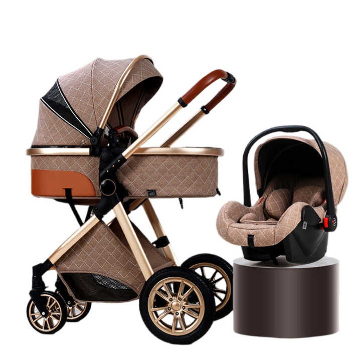 Luxury 4-in-1 Portable Alloy Baby Stroller 3-in-1 Foldable Pram Buggy with Carry Basket Multi-functional Model